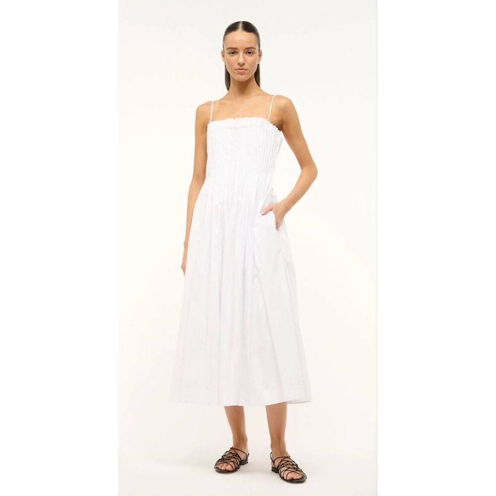 NWT Staud Bella Cotton Poplin Pintucked Sleeveless Midi Dress White Size 10 $550